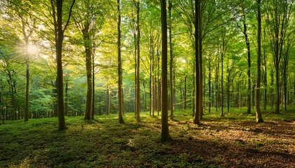 Fototapeta premium a stunning forest filled with young green deciduous trees is bordered by foliage with warm light shining down through the upper branches
