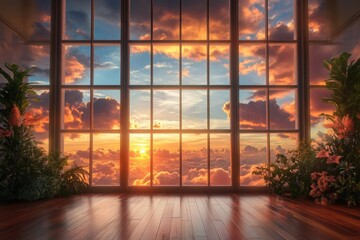 Fototapeta premium Window view sunset clouds sky plants indoor home decor interior design art
