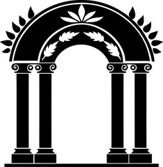 Ancient Archway Silhouette: A graphic representation of a classical archway, with towering columns, an arched top adorned with floral and foliage elements, and a minimalist design.