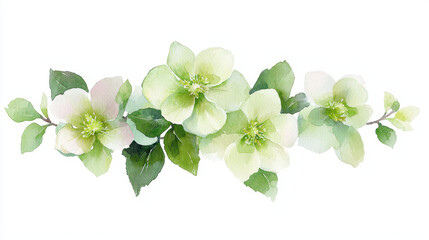 Fototapeta premium Watercolor botanical illustration of delicate green flowers and leaves, showcasing natural beauty and elegance