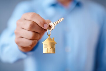 a male real estate agent holding a house-shaped golden key in his hand