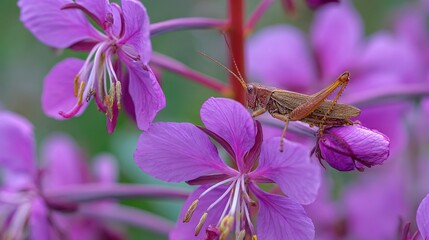   A grasshopper is captured in focus on a vibrant purple flower against a hazy backdrop