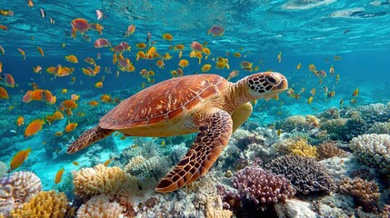 Fototapeta premium A turtle glides through a vibrant coral reef, surrounded by a mesmerizing school of fish, in the vast expanse of the ocean