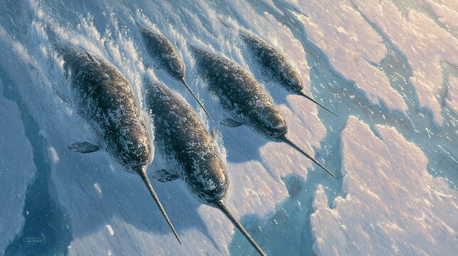   A school of fish swimming atop a body of water with an adjacent ice bank