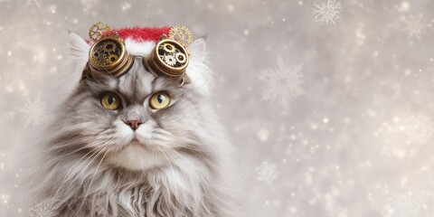 Fluffy grey cat with steampunk Santa hat in festive winter setting
