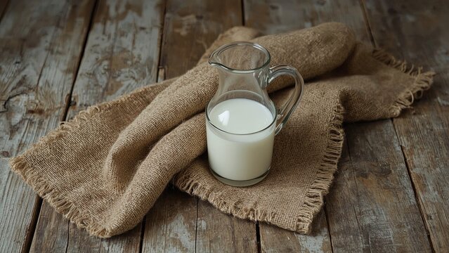 A rustic jug of fresh milk alongside a clear glass filled with wildflowers, arranged on coarse burlap atop a wooden table, capturing the charm of country living, simplicity, and natural beauty.	 - Powered by Adobe