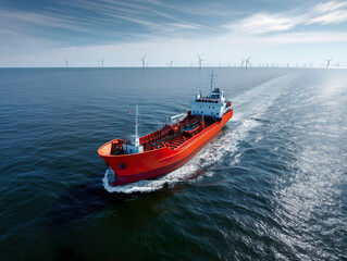 Red Oil Tanker Sailing Past Offshore Wind Farm