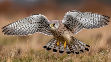 Fototapeta premium A bird of prey with its wings open in a grass field