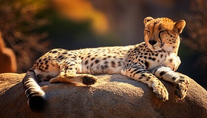 tranquil cheetah napping on a boulder in warm sunlight a spotted feline rests peacefully against nature s backdrop its soft fur dappled by light