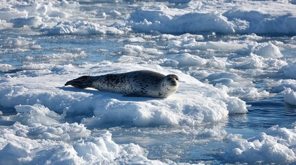 Obraz premium A seal lounging atop an ice float in the heart of the ocean, with its head bobbing above the water's surface