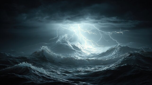   Stormy sky over vast ocean with lightning bolt in center