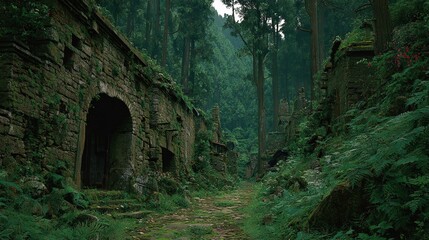 Fototapeta premium In a forest, a stone tunnel is surrounded by numerous green plants and trees on either side, connecting it to an entrance via a dirt path