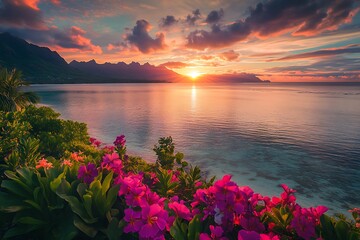 Beautiful sunset over ocean with pink flowers nature landscape wallpaper