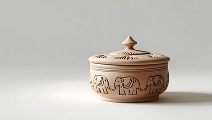 Terracotta pot with elephant motif and decorative lid container elephants