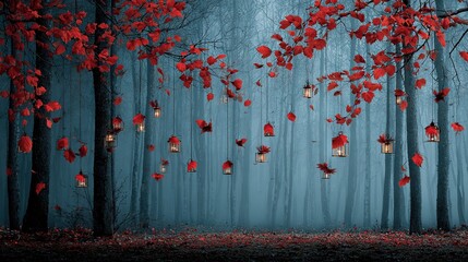   A dense forest adorned with many red foliage and another enchanted by towering trees, festooned with dangling lanterns