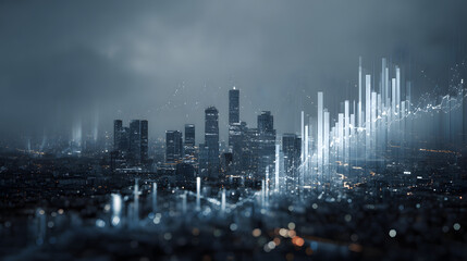 A futuristic data visualization overlaying a city skyline, showcasing financial trends and analytics in a high-tech environment.