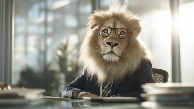 L&ouml;we im Anzug f&uuml;hrt Vorstellungsgespr&auml;ch als Vorgesetzter im modernen B&uuml;ro. K&uuml;nstliche Intelligenz KI
