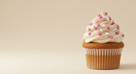 Delicious cupcake topped with swirled cream and pink sprinkles  with space for text