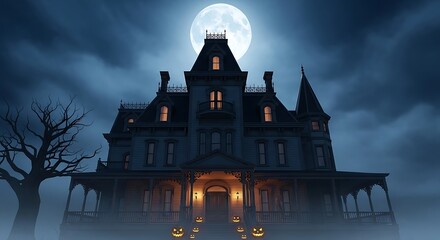 A spooky, illuminated Victorian mansion shrouded in fog under a large, bright full moon, with a bare tree and jack-o'-lanterns on the path.