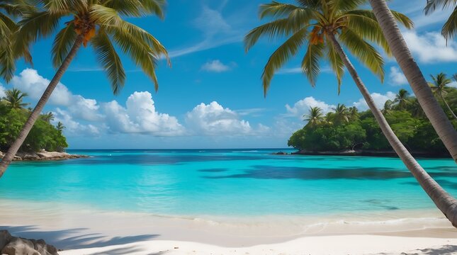 Serene tropical paradise beach with crystal clear turquoise waters and lush greenery under a vibrant blue sky - Powered by Adobe