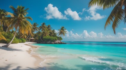 Obraz premium Idyllic tropical paradise beach scene with turquoise waters lush greenery and palm trees under a bright blue sky