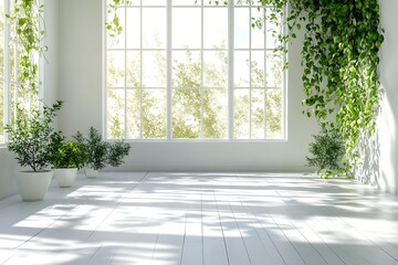Fototapeta premium Bright white room interior design with plants and natural light indoors