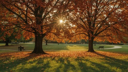 Fototapeta premium A peaceful autumn park bathed in warm golden sunlight, with colorful fallen leaves covering the ground, tall trees glowing in vibrant shades of orange and yellow, creating a serene 