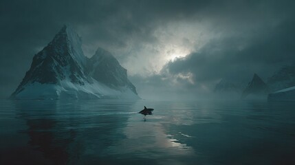   A person riding a surfboard amidst a serene body of water against a majestic mountain background