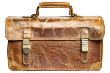 Vintage distressed leather briefcase with brass hardware isolated on transparent background