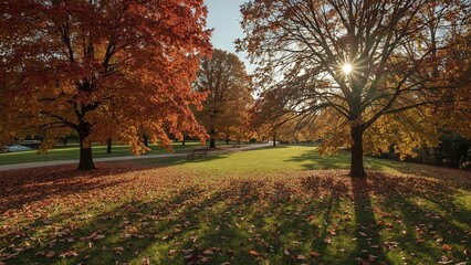 Fototapeta premium A peaceful autumn park bathed in warm golden sunlight, with colorful fallen leaves covering the ground, tall trees glowing in vibrant shades of orange and yellow, creating a serene 