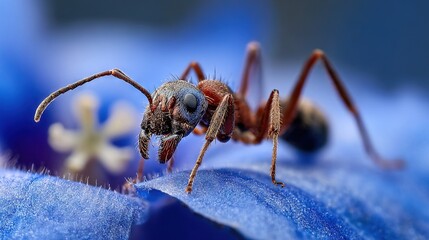   A close-up of a spider on a blue flower with a blurry background of blue and white flowers