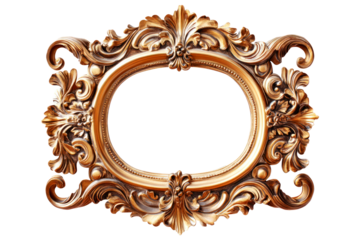 Ornate antique oval gilded picture frame with intricate scrollwork isolated on transparent background