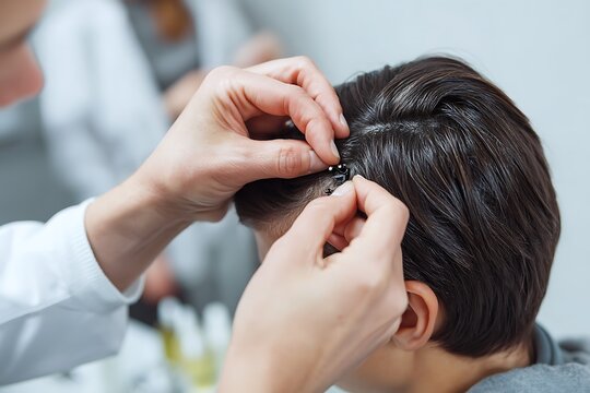 A close-up of a professional checking a child's hair for lice, symbolizing care, hygiene, and health.