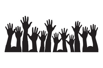Vector art of silhouetted hands are raised in a show of support from a crowd of people volunteering together