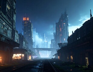 Futuristic cityscape at night, urban scene