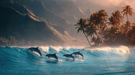  Three dolphins leaping from water onto beach with palm trees and mountain backdrop
