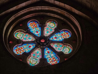 Stained glass rose window in Santo Domingo Church, Soria, Spain