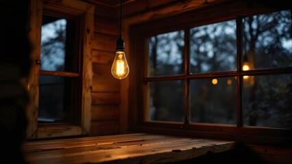 Warm light bulb glowing in cozy wooden cabin at dusk  