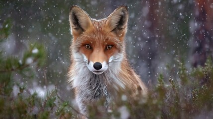 Obraz premium Close-up of a fox with snow on its face and a pine tree in the foreground
