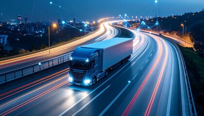 Truck Driving on Highway at Night with Light Trails
