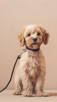 Cavapoo puppy wearing bright leash resting peacefully on neutral beige studio floor, displaying cute demeanor and well trained behavior