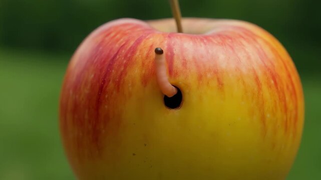Apple with worm emerging from hole in orchard background  