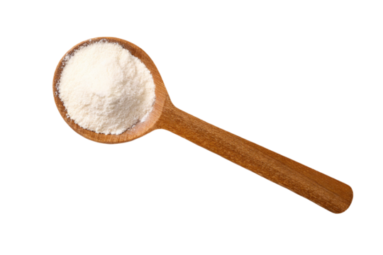 Wooden spoon with white flour against plain background kitchen cooking concept easy measurement