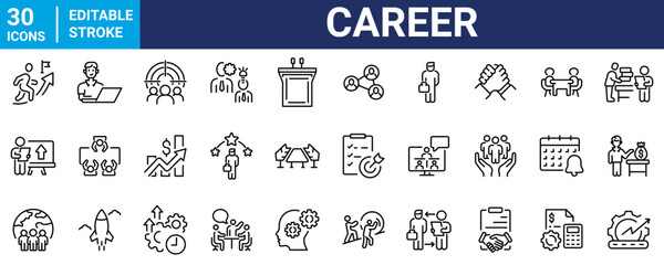 Career web line icons set with Success, Growth, Work, Goals, Motivation, Achievements. Editable Stroke