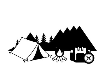 Camping adventure vector graphic with tent mountains bonfire and compass for outdoor designs
