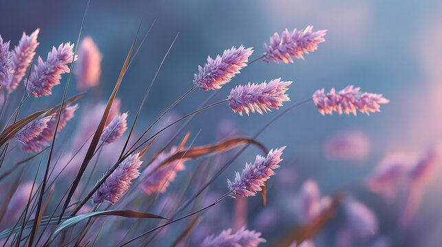 Fototapeta Pink pampas grass plumes blow softly. Use for nature, spring, or calm concepts. Dreamy, airy style.