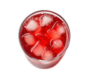 Refreshing iced red berry drink in glass with frozen cubes for hot summer days beverage coolness