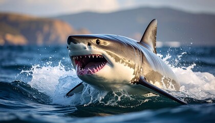Naklejka premium Great white shark in ocean waves