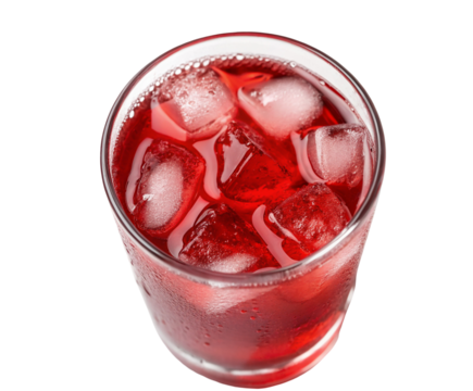 Refreshing red drink with ice cubes in glass on white background for summer beverage concept