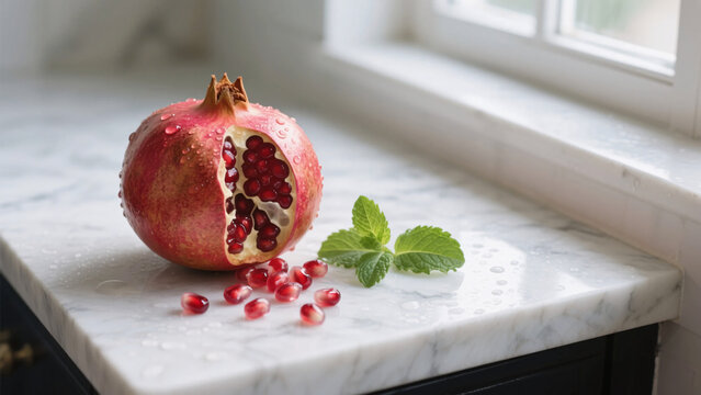 A fresh pomegranate sits cut open on a marble surface, surrounded by glossy red seeds and a sprig of mint.